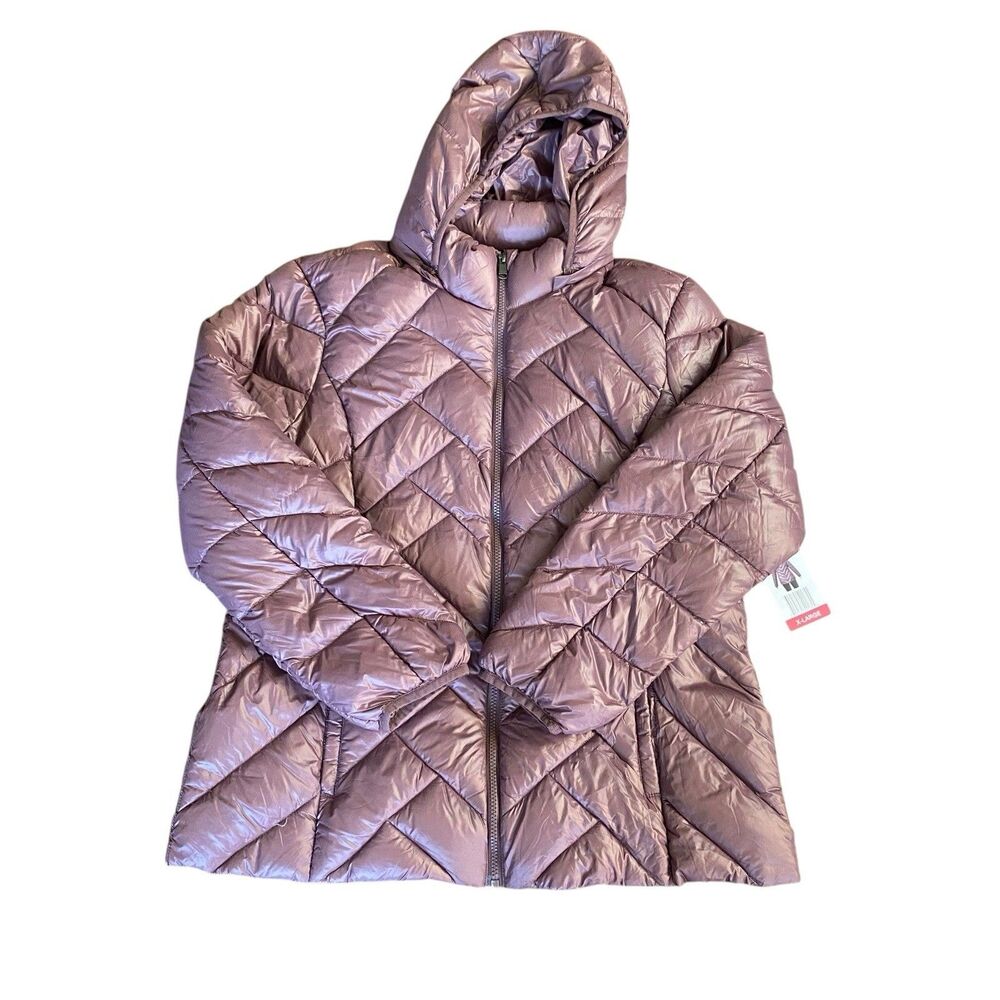 London Fog Women’s XL Hooded Down Puffer Jacket Purple Packable Winter Coat